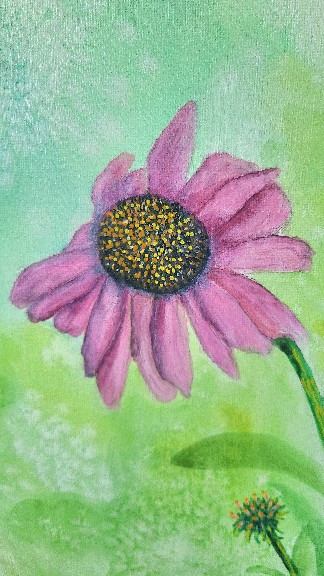 Closeup of watercolor purple coneflower on canvas of "Bloom where you are planted" by artist Lynda Krupa, The Artful Lynk