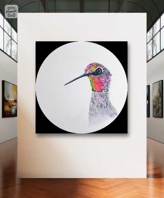 A mockup view of a larger print. an exquisite fine art piece showcasing Bird Feathers - a vibrant juvenile hummingbird with colorful feathers created with alcohol ink on a pristine white paper by The Artful Lynk, Fine Art by Lynda Krupa.