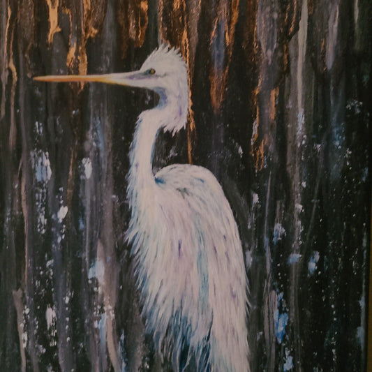 A mesmerizing artwork, depicting a stunning painting of a white heron majestically standing in the rain by the artist, The Artful Lynk, Fine Art by Lynda Krupa.