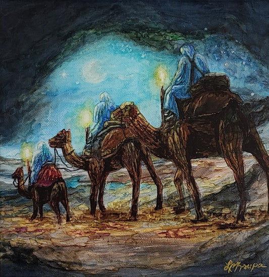 The Journey of the three wise men following the star of bethlehem, alcohol ink on canvas by Lynda Krupa @ The Artful Lynk