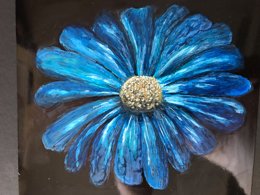 Blue Anemone Alcohol Ink Flower on black mirror background limited edition giclee print by Lynda Krupa