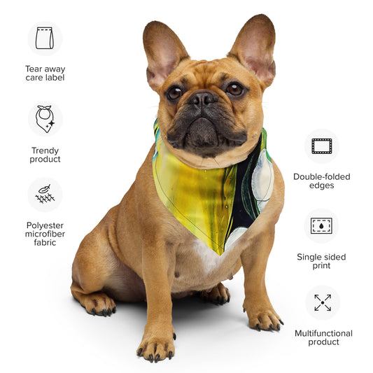 A french bulldog wearing an All-over abstract print bandana head scarf hair tie from The Artful Lynk, Fine Art by Lynda Krupa around its neck.