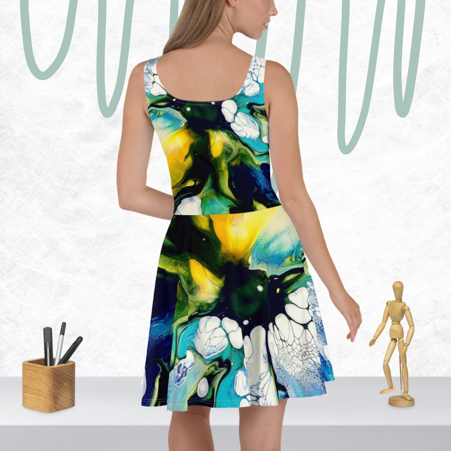 Original Abstract Floral Skater Dress designed and created by The Artful Lynk, Lynda Krupa Original Alcohol Ink Art