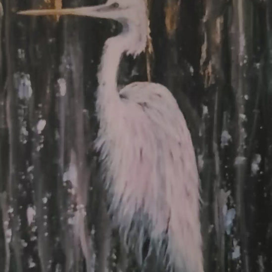 Video of mesmerizing artwork, depicting a stunning painting of a white heron majestically standing in the rain by the artist, The Artful Lynk, Fine Art by Lynda Krupa.