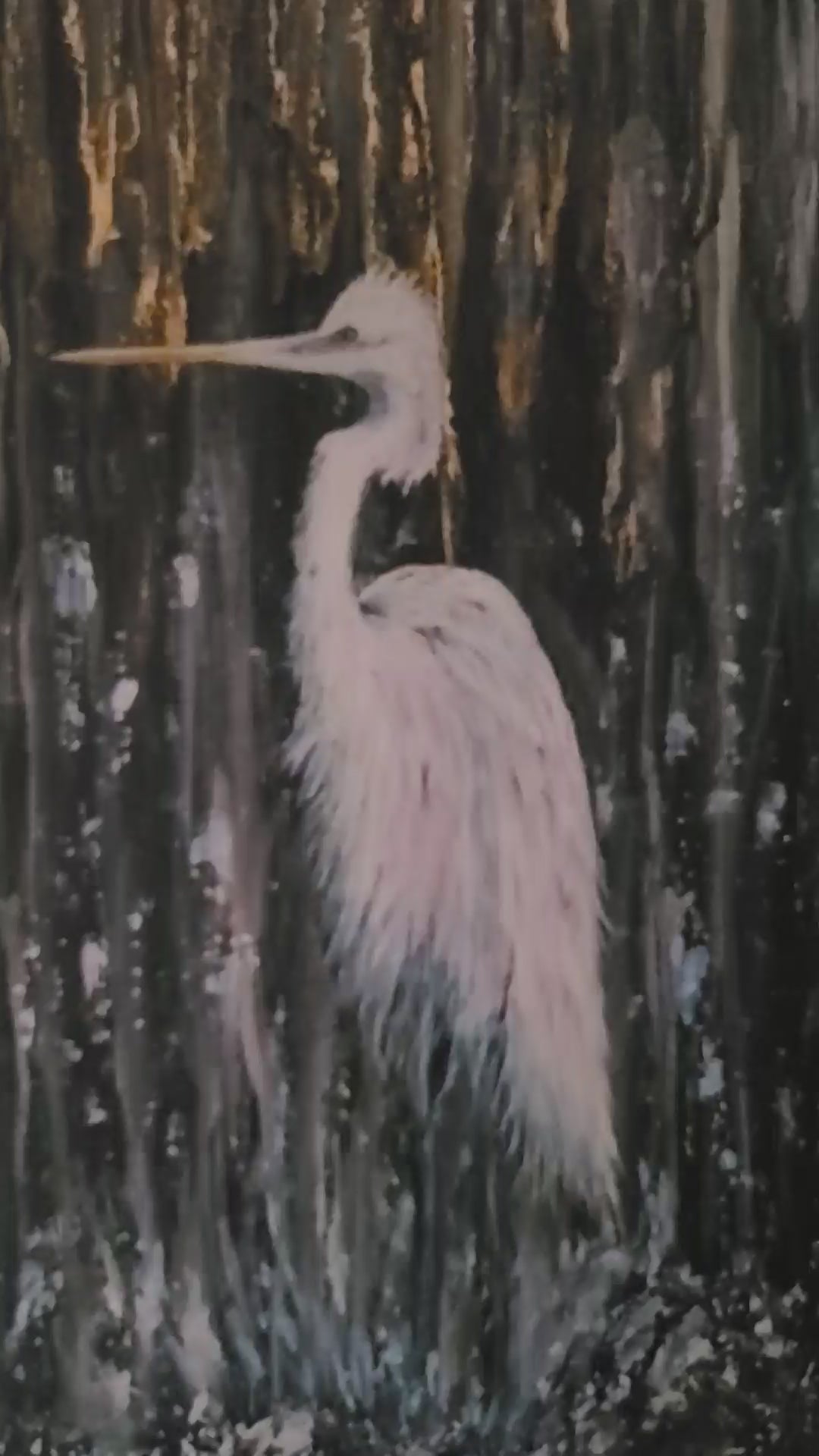 Video of mesmerizing artwork, depicting a stunning painting of a white heron majestically standing in the rain by the artist, The Artful Lynk, Fine Art by Lynda Krupa.