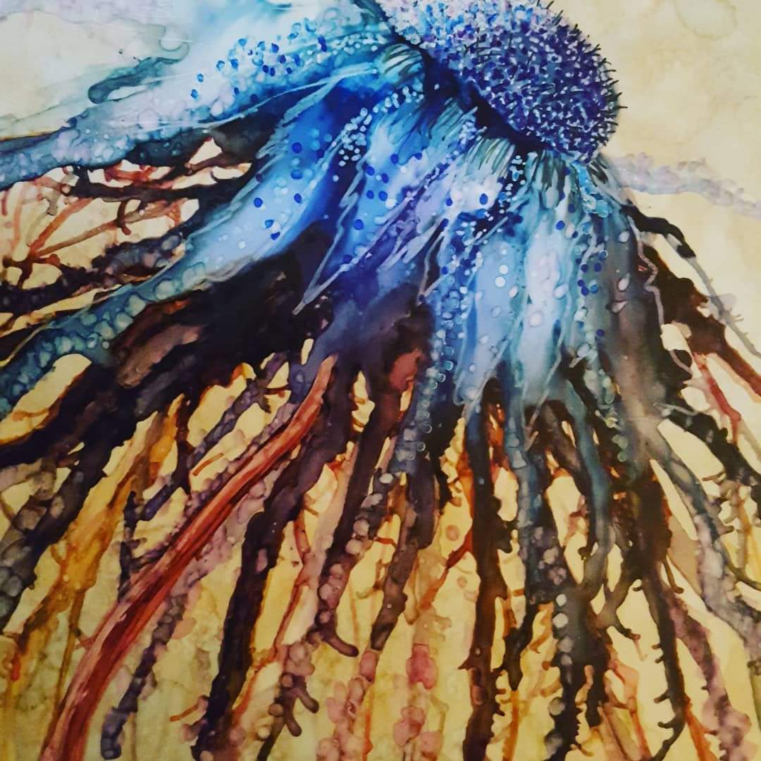 A custom-designed watercolor painting of a blue jellyfish, perfect for personalized gifts, from The Artful Lynk, Fine Art by Lynda Krupa's The Artful Lynk Gift Card.