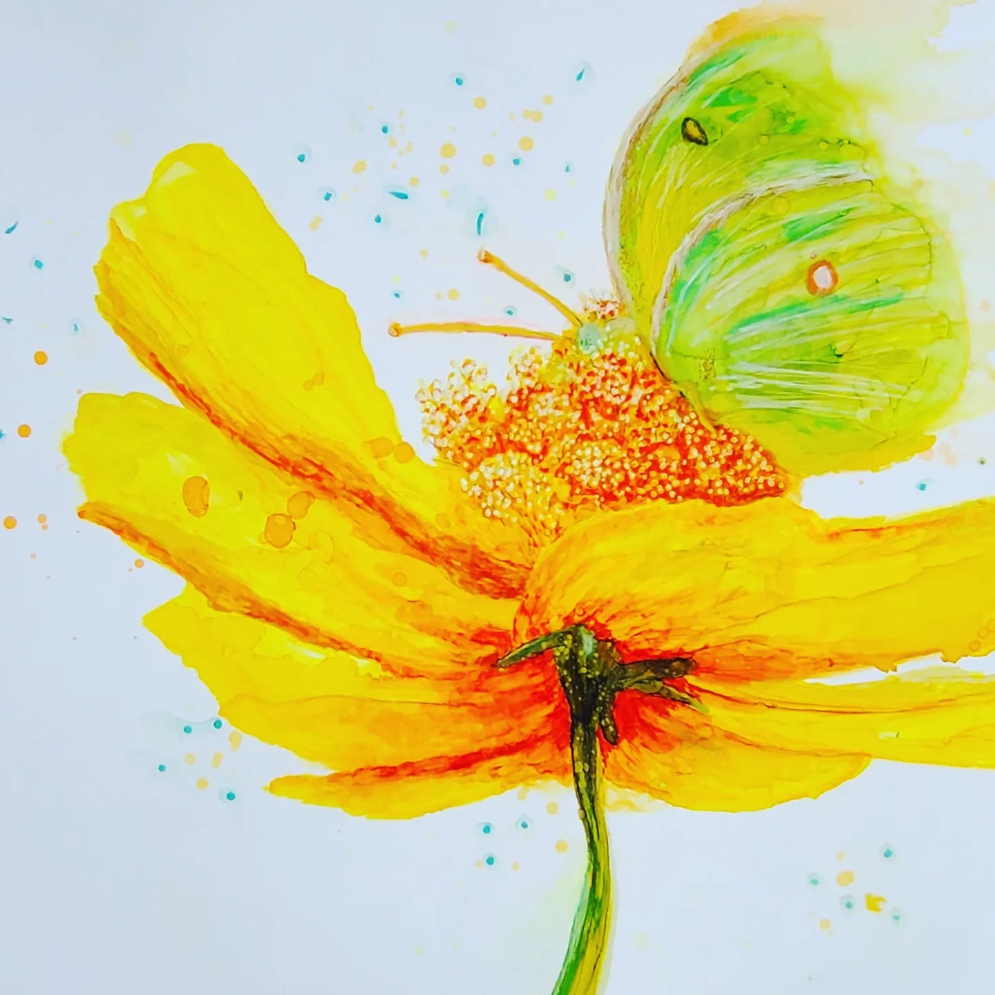 A watercolor painting of a yellow flower with a butterfly on it, perfect for personalized gifts featuring The Artful Lynk Gift Card by The Artful Lynk, Fine Art by Lynda Krupa.