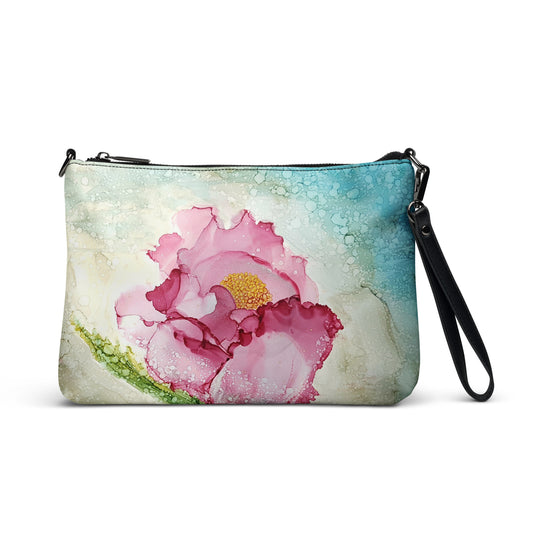 Front view of Original Alcohol Ink Peony Crossbody Bag Purse Clutch Handbag designed by Lynda Krupa