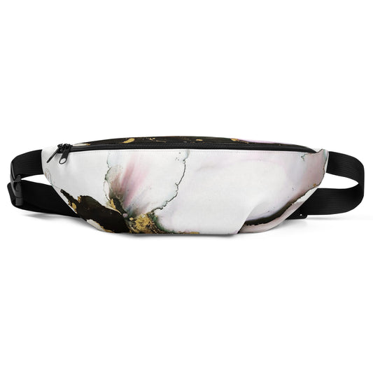 Zipper front pocket of over the shoulder waist bag designed with abstract art by Lynda Krupa